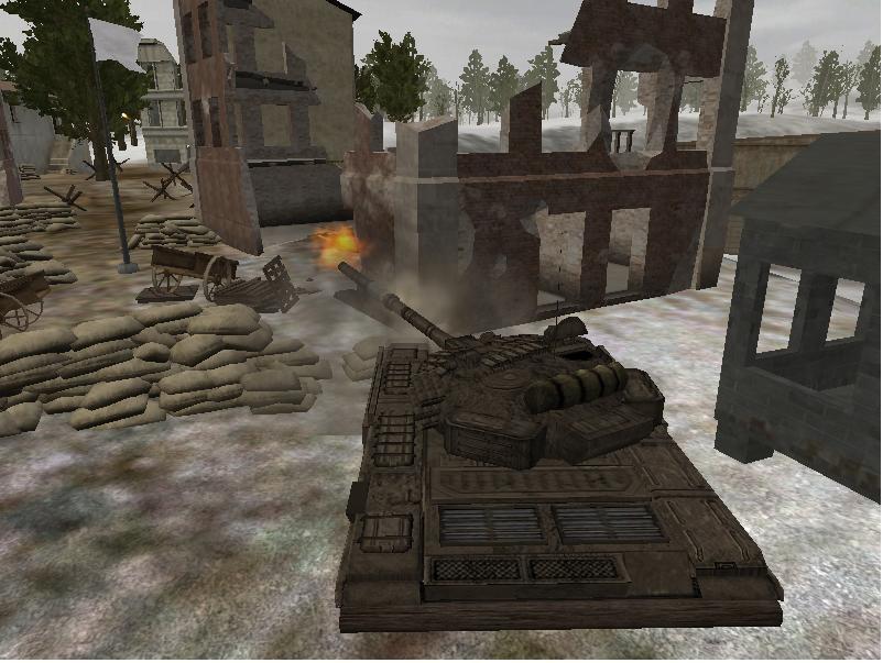 Ein anderer T-72 feuert in einer Base, die aus Ruinen besteht
